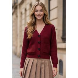 Beaded Bow Button Patch Pocket Knit Cardigan | Chicwish