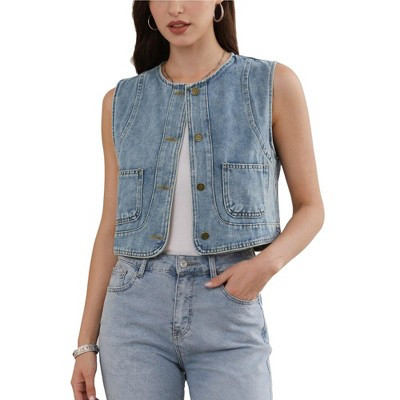 INSPIRE CHIC Women's Denim Sleeveless Crew Neck Button Down Jean Vest Jacket Medium Retro Blue | Target