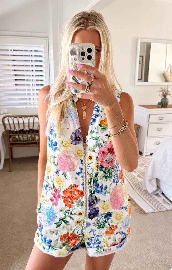 Reno Romper ~ Ivory Botanical Floral Denim | Show Me Your Mumu