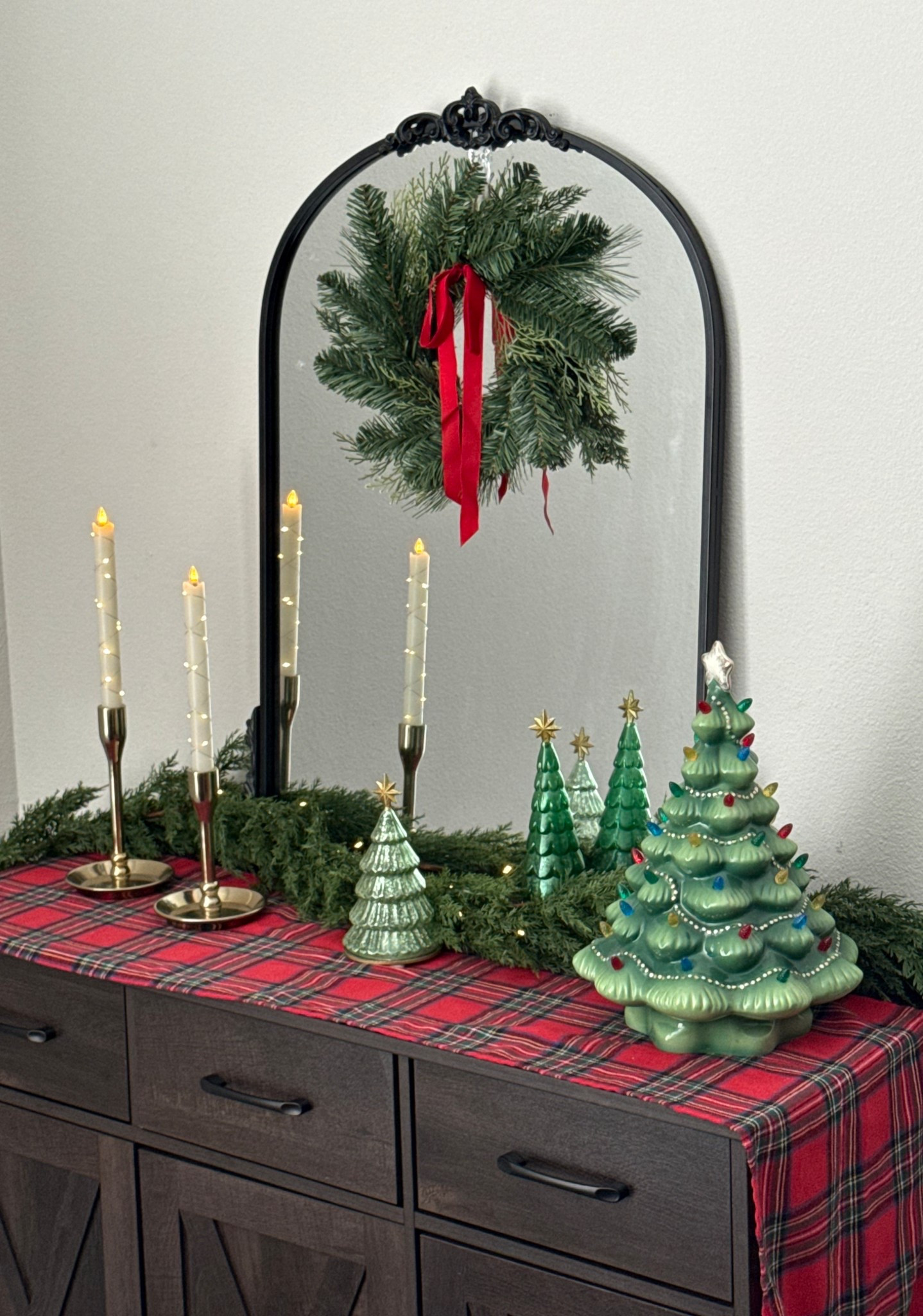 Keeping the buffet simple and classic Christmas. I love the wreath on the mirror. So festive and easy to do! 🎄✨🕯️

#LTKHoliday #LTKHome