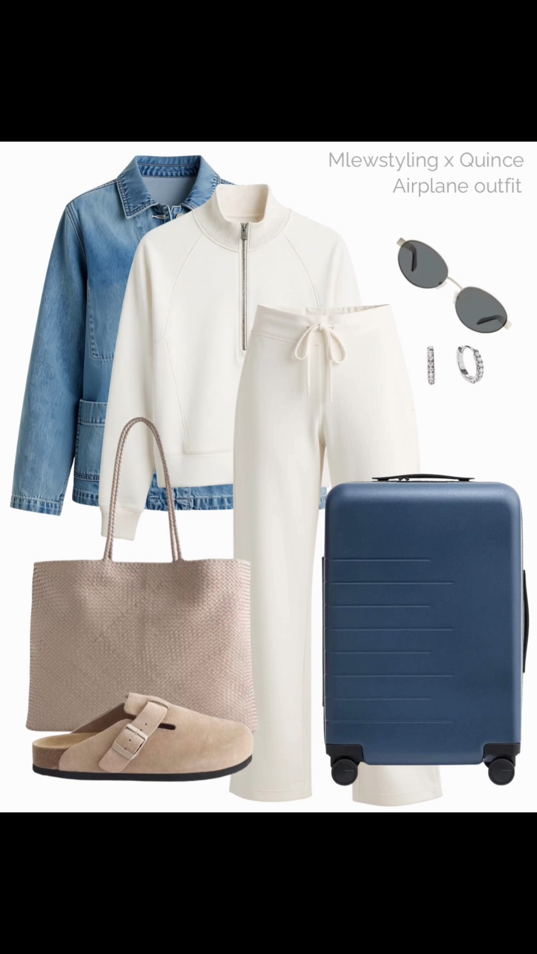 What to wear to the airport in fall ✈️

#QuincePartner @Quince

Tags: comfy fall outfit, matching set, half-zip sweatshirt, denim jacket, suede clogs, suede tote bag, carry-on suitcase