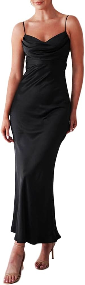Women's Satin Spaghetti Strap Cowl Neck Backless Midi Wedding Guest Dress Ruched Sleeveless Tie S... | Amazon (US)