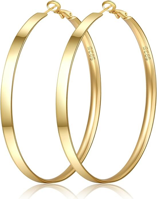 PABBEU Large Silver Hoop Earrings for Women Hypoallergenic 14K Real Gold Plated Hoops Earrings Li... | Amazon (US)