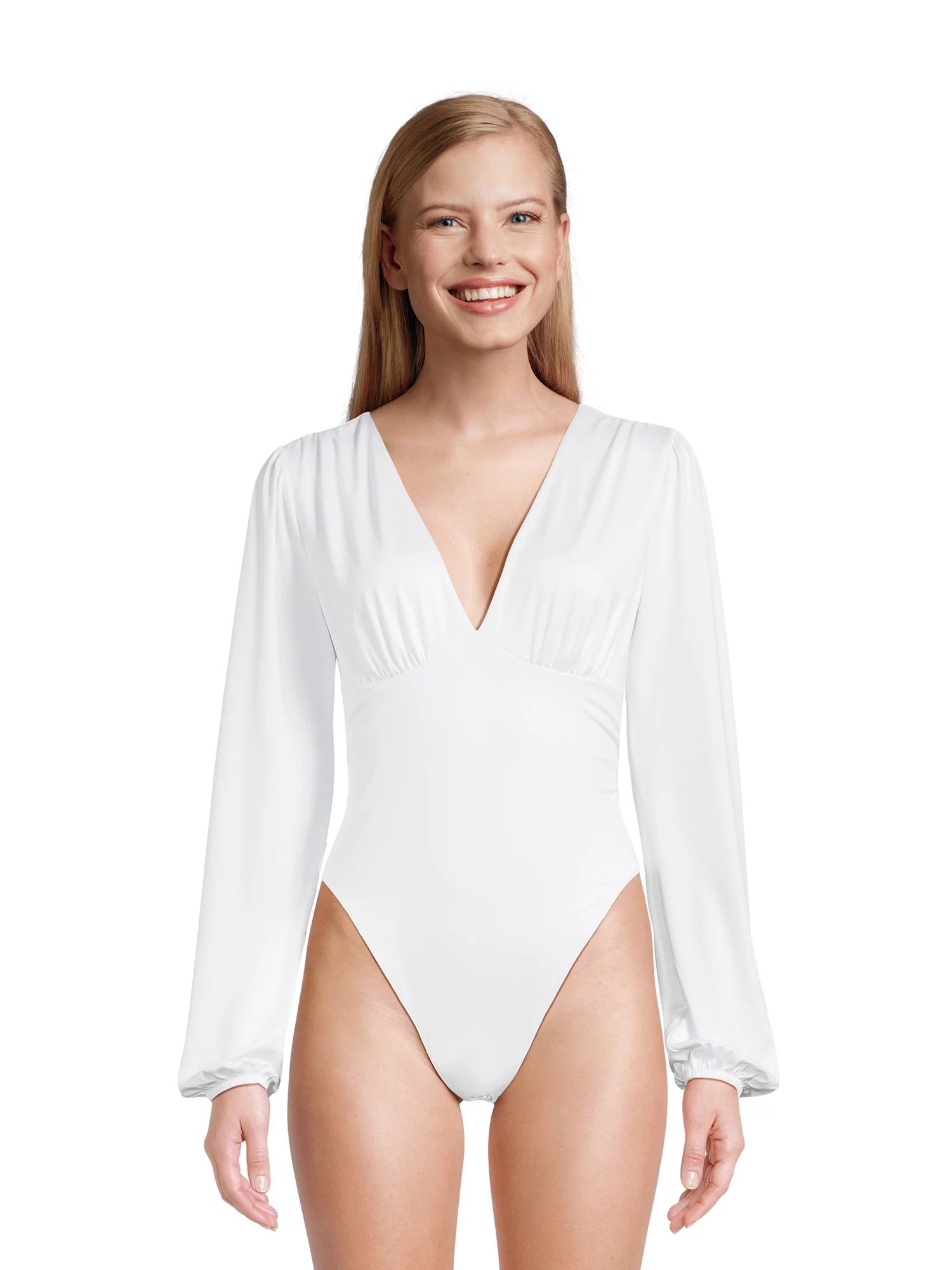 Madden NYC Women's Deep V-Neck Bodysuit with Blouson Sleeves, Sizes XS-XXXL | Walmart (US)