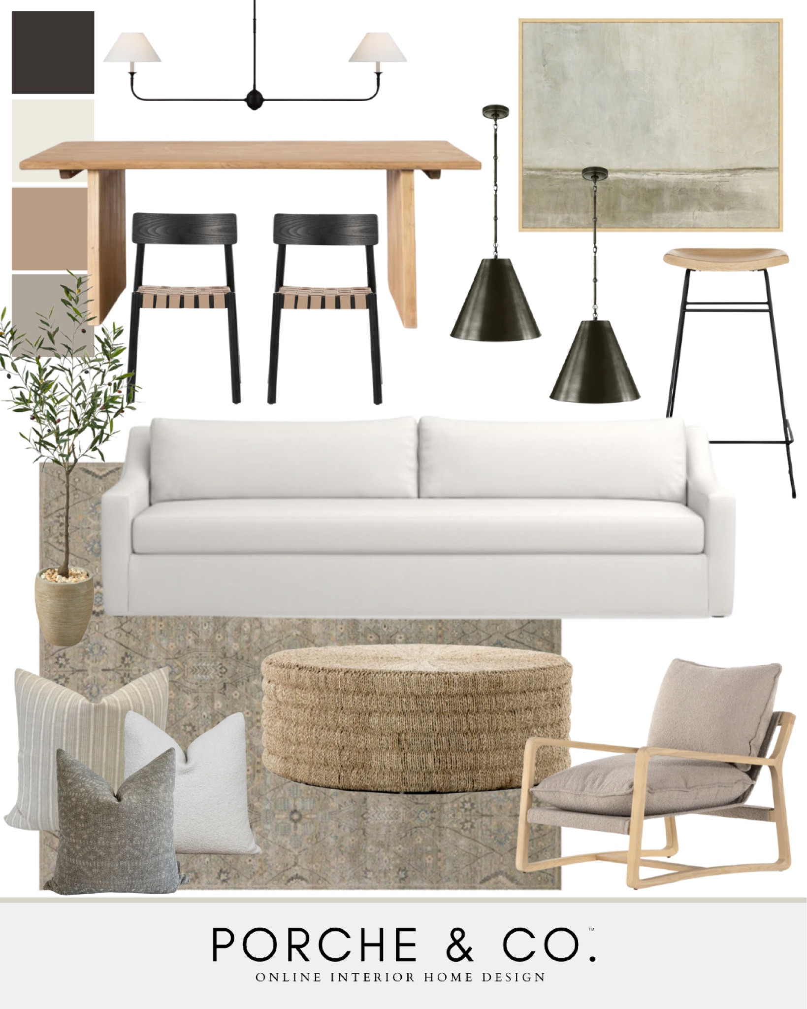 Living room design, living room mood board, open concept living space, dining table, woven coffee table, pendant lights #livingroom #moodboard 

#LTKSeasonal #LTKhome #LTKstyletip