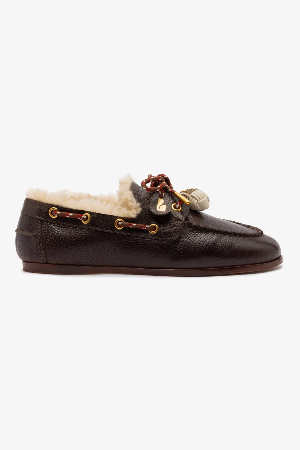 Cyprus Boat Shoe In Brown Leather And Ivory Shearling | Larroude