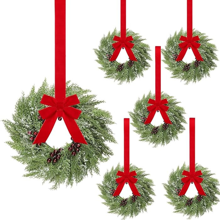 6Pcs Small Christmas Norfolk Wreaths,15in Mini Wreaths for Cabinets with Bow Ribbon Cedar Red Ber... | Amazon (US)