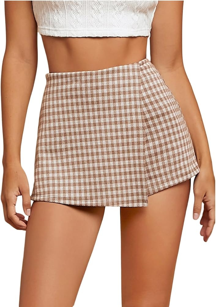 WDIRARA Women's Plaid High Waisted Asymmetrical Vintage Skirt Casual Shorts Skort | Amazon (US)
