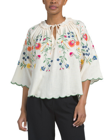 Linen Blend Floral Embroidered Blouse for Women | Rayon/Cotton | Marshalls