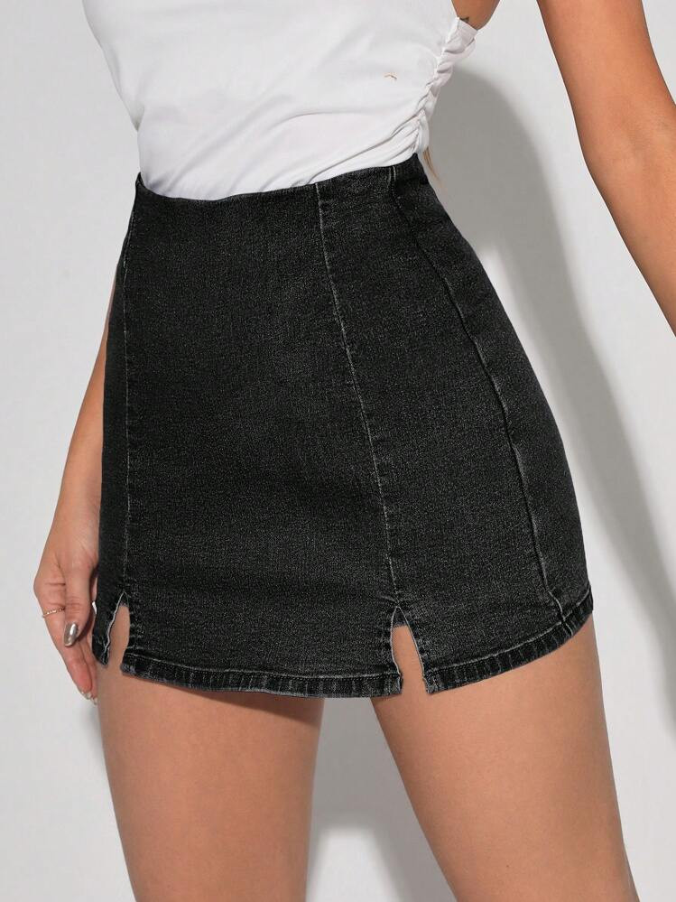 SHEIN Tall Women Casual Solid Color Split Denim Skort For Summer, Tall Women | SHEIN