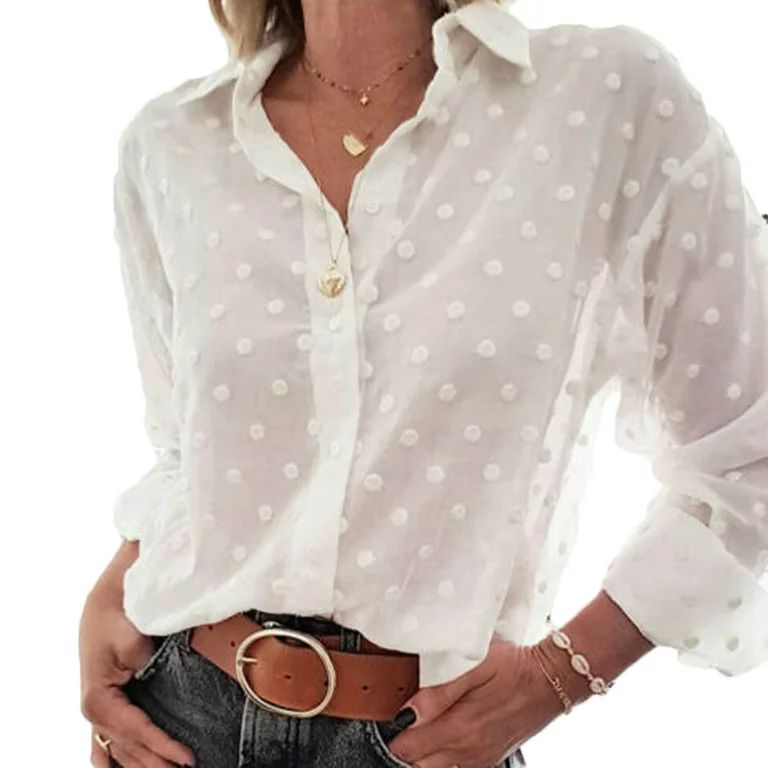 mlpeerw Womens Polka Dot Sheer Mesh Long Puff Sleeve Shirt Tops Loose Blouse | Walmart (US)