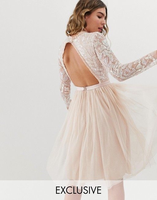 Needle & Thread embellished long sleeve midi dress with tulle skirt in rose quartz | ASOS US