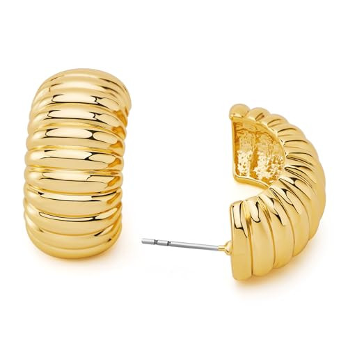 HESSAWELL Gold Hoop Earrings for Women Polished Ribbed Hoop Earrings for Women Fashion Jewelry | Amazon (US)