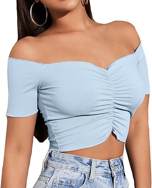 LYANER Women's Off Shoulder Ruched Short Sleeve Rib Knit Sexy Crop Top Blouse | Amazon (US)