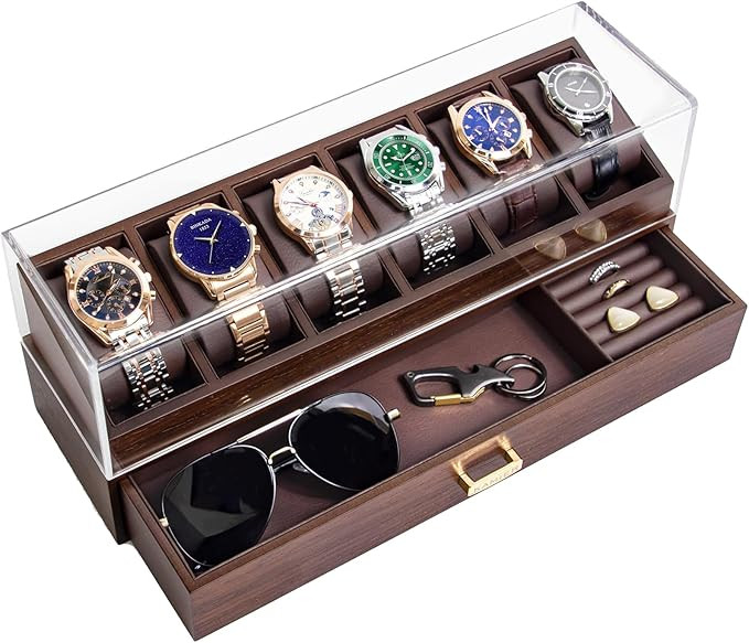KAMIER High End Wooden Watch Box with 6 Slots & Glass Lid - 2-Layer Jewelry Organizer for Men - W... | Amazon (US)