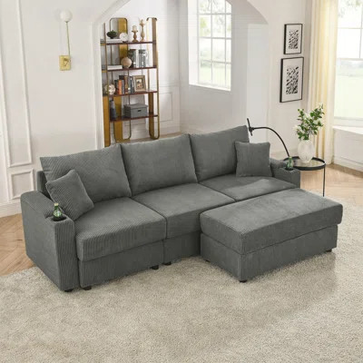 L-Shaped Couch Modern Sofa Chair With Storage, With Ottoman, Deep Seat Sofa With Cup Holders & Phone Holder Charging Ports, Corduroy Couch For Living | Wayfair North America