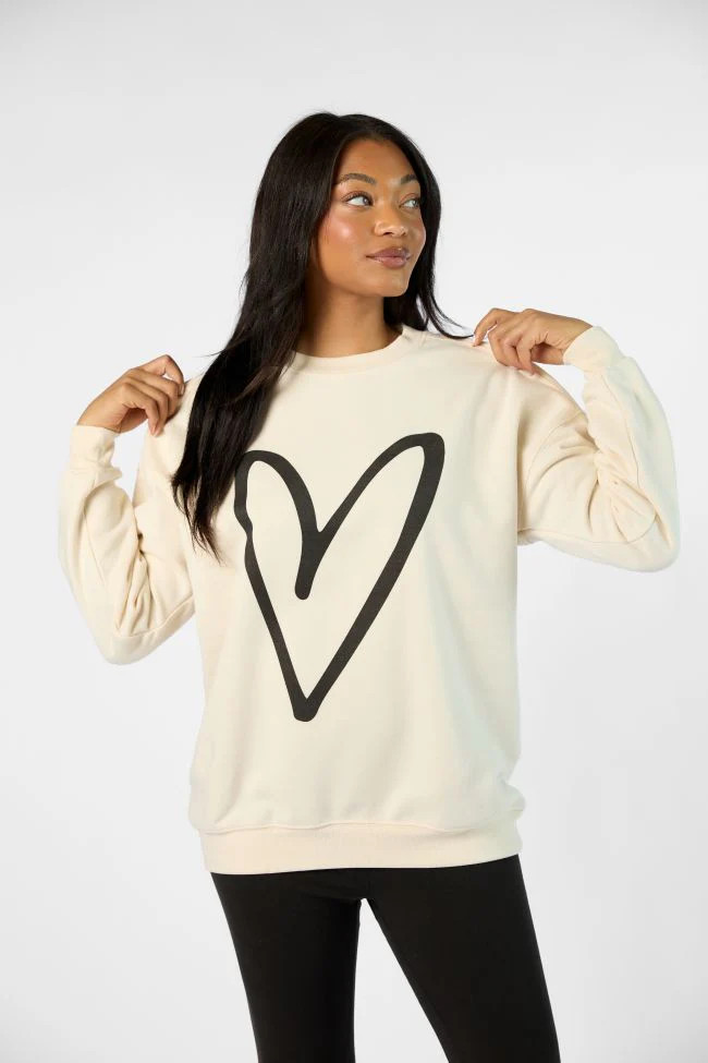 Black Heart Sketch Cream Oversized Graphic Sweatshirt | Pink Lily