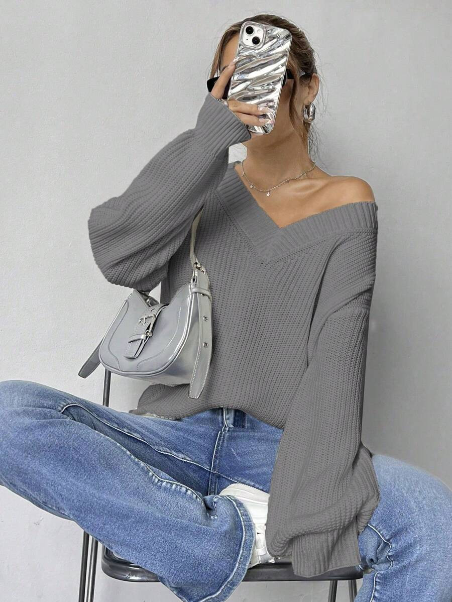 SHEIN MOOSTA V-Neck Loose Women's Solid Color Drop Shoulder Long Sleeve Sweater, Autumn/Winter | SHEIN