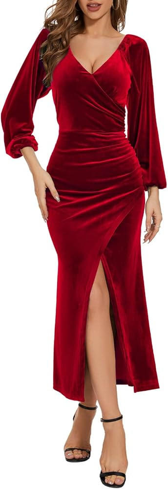 Bridesmay Women's Wrap V Neck Velvet Long Sleeve Dress Ruched Split Bodycon Elegant Maxi Long Coc... | Amazon (US)
