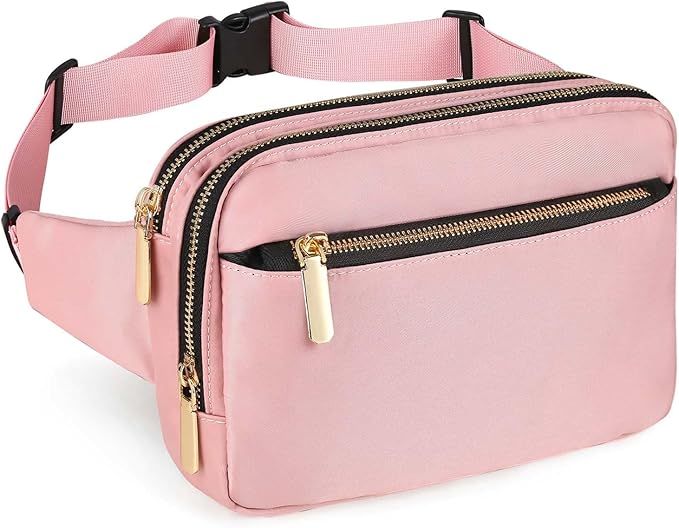 Fanny Packs for Women Men, Fashion Waist Pack Belt Bags Pink Fanny Pack for Girls Boys with 4 Zip... | Amazon (US)
