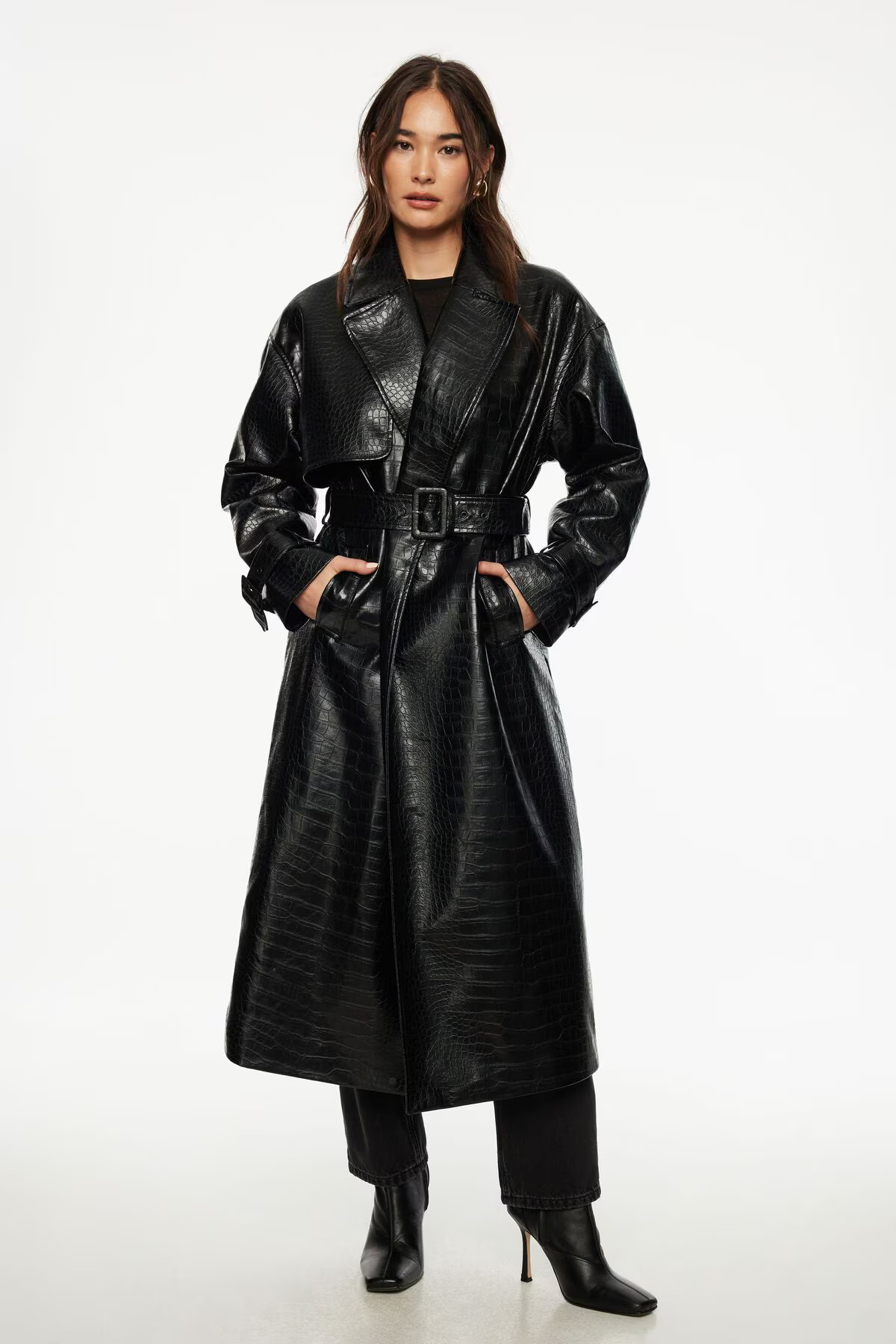Crocodile Faux Leather Military Trench Coat | Dynamite Clothing