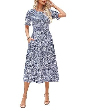 Maggeer Womens 2024 Summer Spring Short Puff Sleeve Smocked Bodice and Cuffs Floral Tiered Midi D... | Amazon (US)