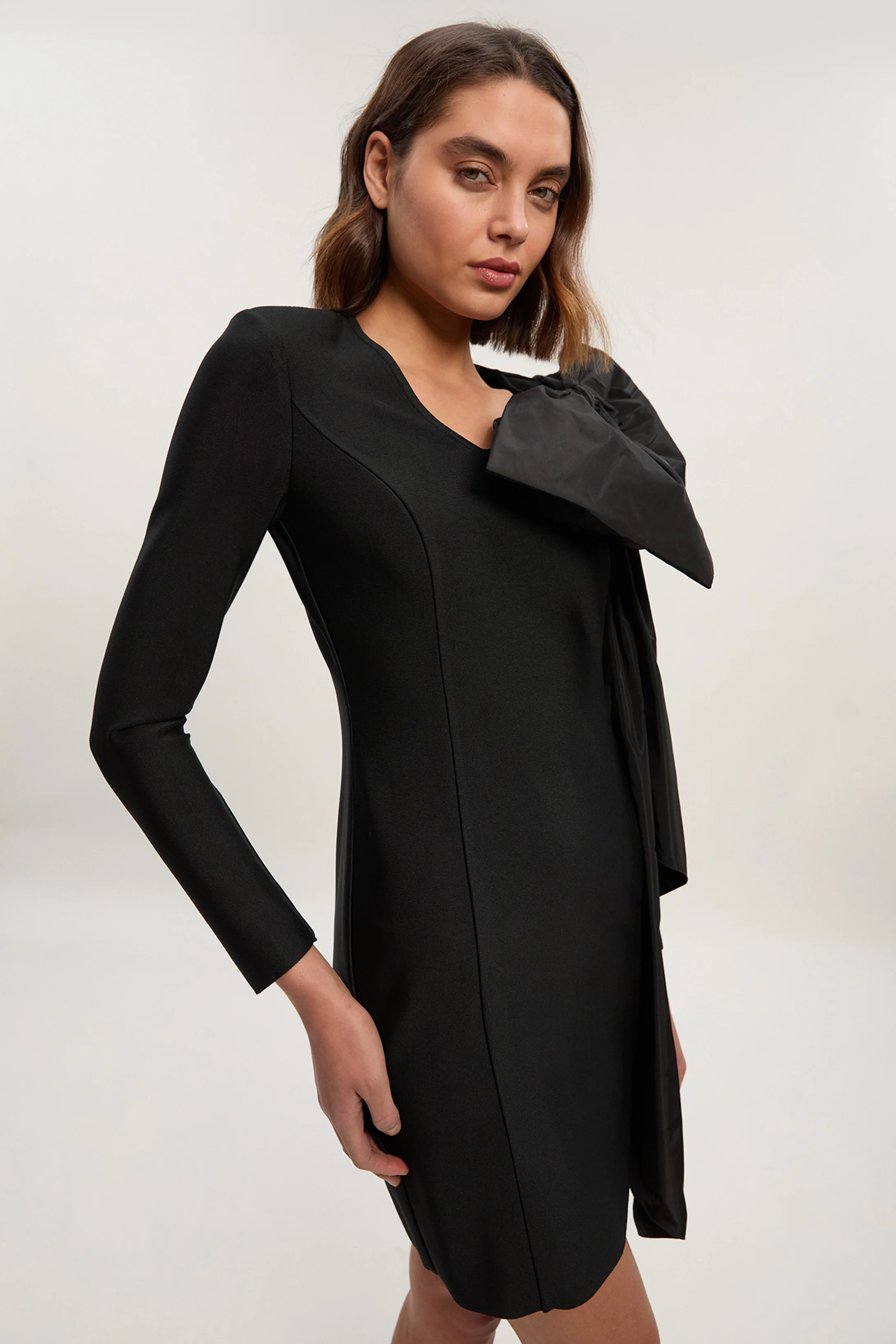 Figure Form Bandage Taffeta Bow Knit Mini Dress | Karen Millen UK + IE + DE + NL