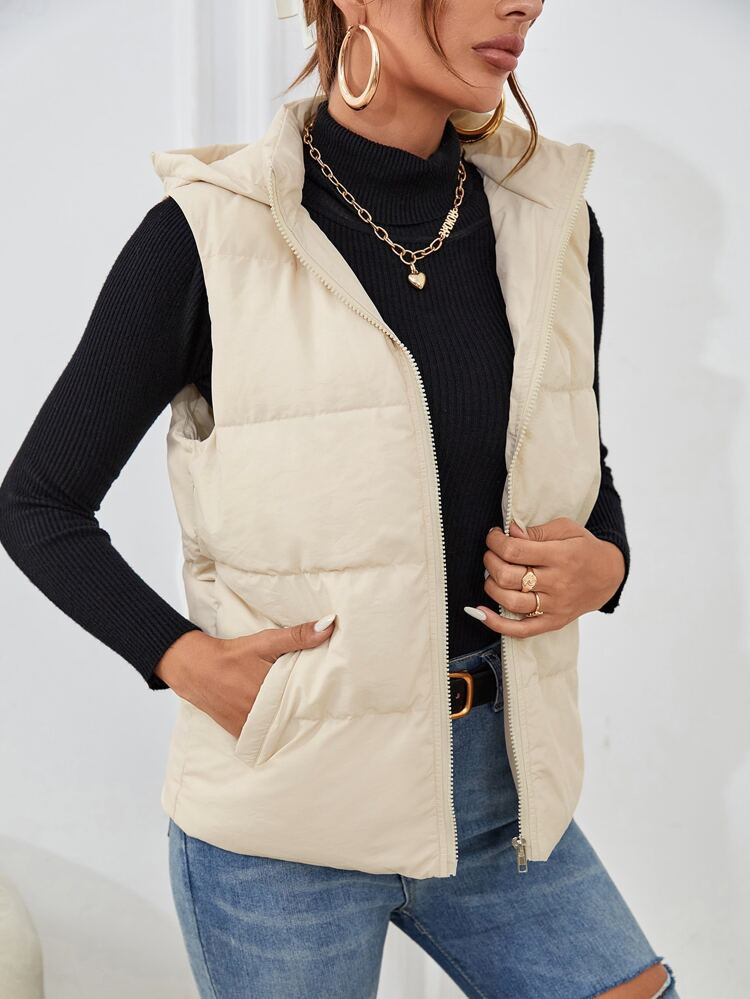 Zipper Up Slant Pocket Hooded Sleeveless Puffer Coat | SHEIN