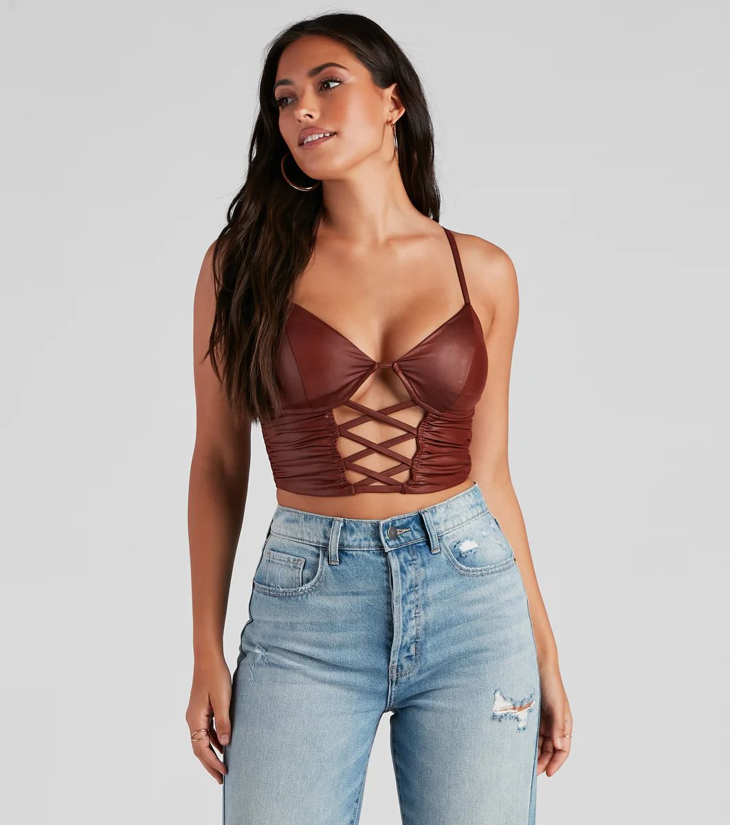 Late Night Faux Leather Lattice Crop Top | Windsor Stores