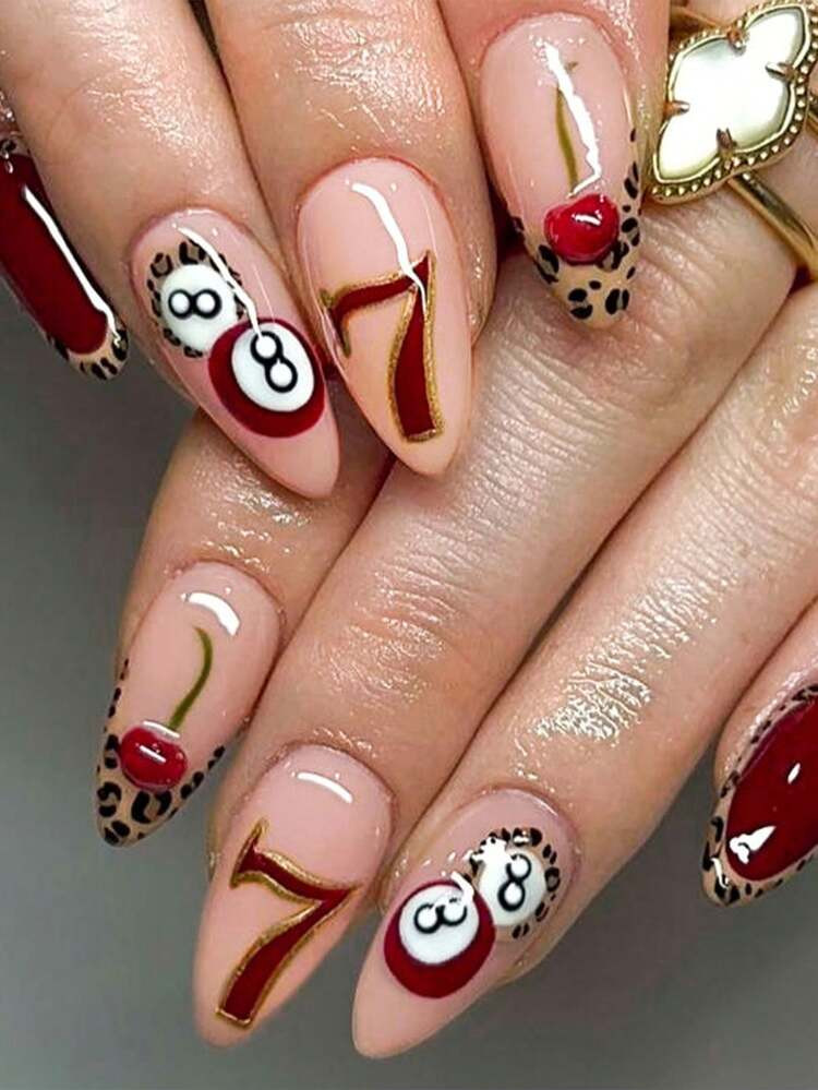 24pcs/Set 8-Ball Nail Art, Leopard Print, Striped, Cherry And Star Pattern French Acrylic Short P... | SHEIN