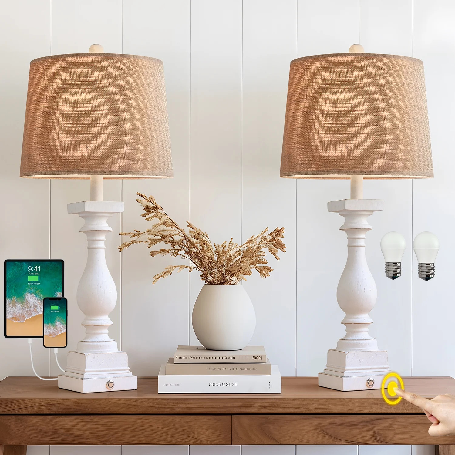 Oneach 3 Way Dimmable Touch White Table Lamp Set of 2 with USB Ports for Living Room Bedroom 27.7... | Walmart (US)