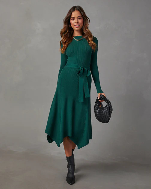 Lia Asymmetrical Hem Tie Waist Midi Sweater Dress - Green | VICI