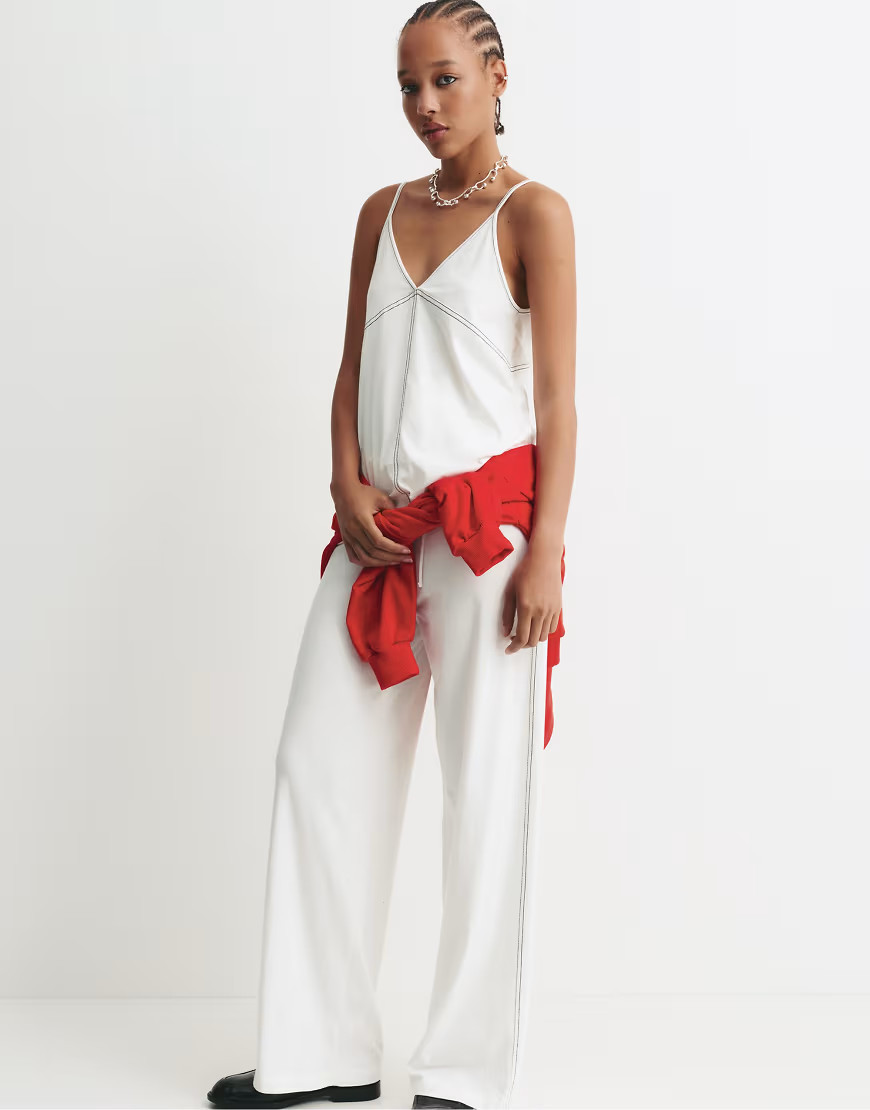 Pull&Bear Wide-leg topstitched pants in white | ASOS (Global)