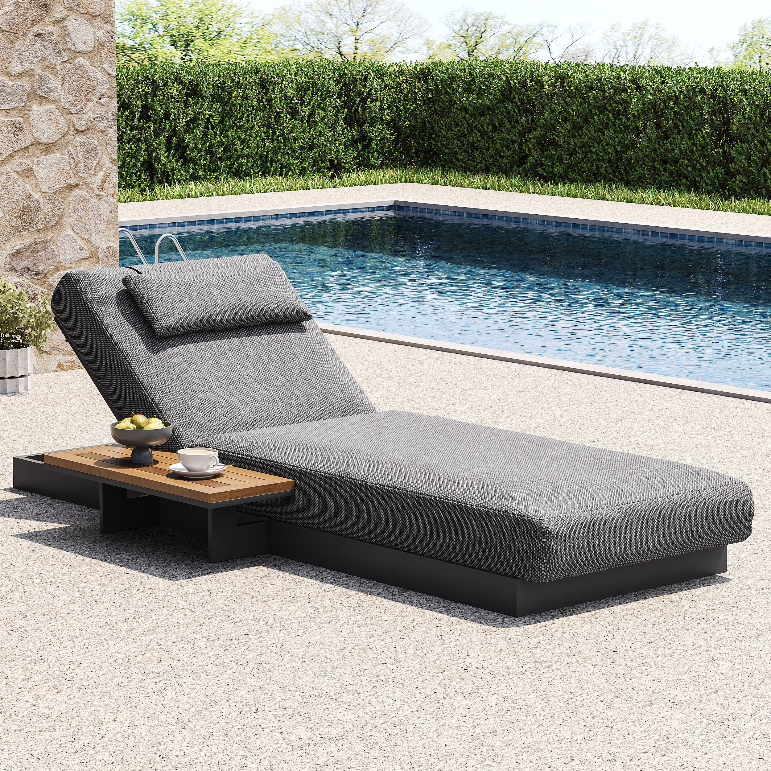 Axis Teak & Aluminum Outdoor Lounger Daybed Modern Yard & Patio Furniture in Gray Cushion & Pillow Included (78.7"") | Homary