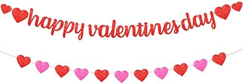 Glitter, Happy Valentines Day Banner - 10 Feet, No DIY | Red Glitter Heart Valentines Garland for... | Amazon (US)