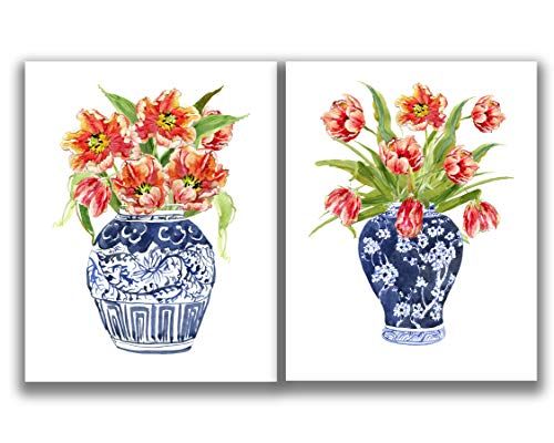 Red Florals in Blue&White Chinoiserie Porcelain Vase Wall Art Prints - Set of 2 11x14 UNFRAMED Wa... | Amazon (US)