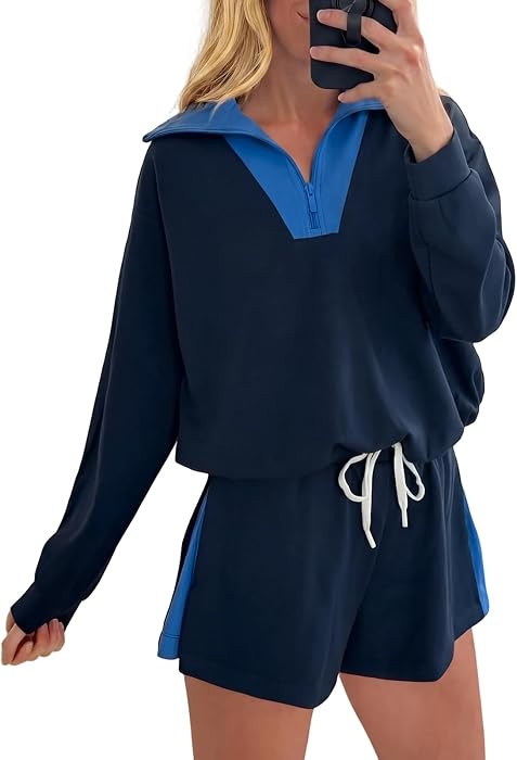 Women Zip Quarter Sweatsuits 2 Piece Outfits Shorts Sets | Amazon (US)