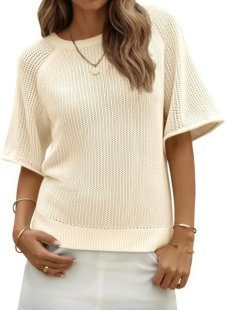 Saodimallsu Womens Short Sleeve Sweaters Crochet Knit Casual Crew Neck Lightweight Summer Trendy ... | Amazon (US)