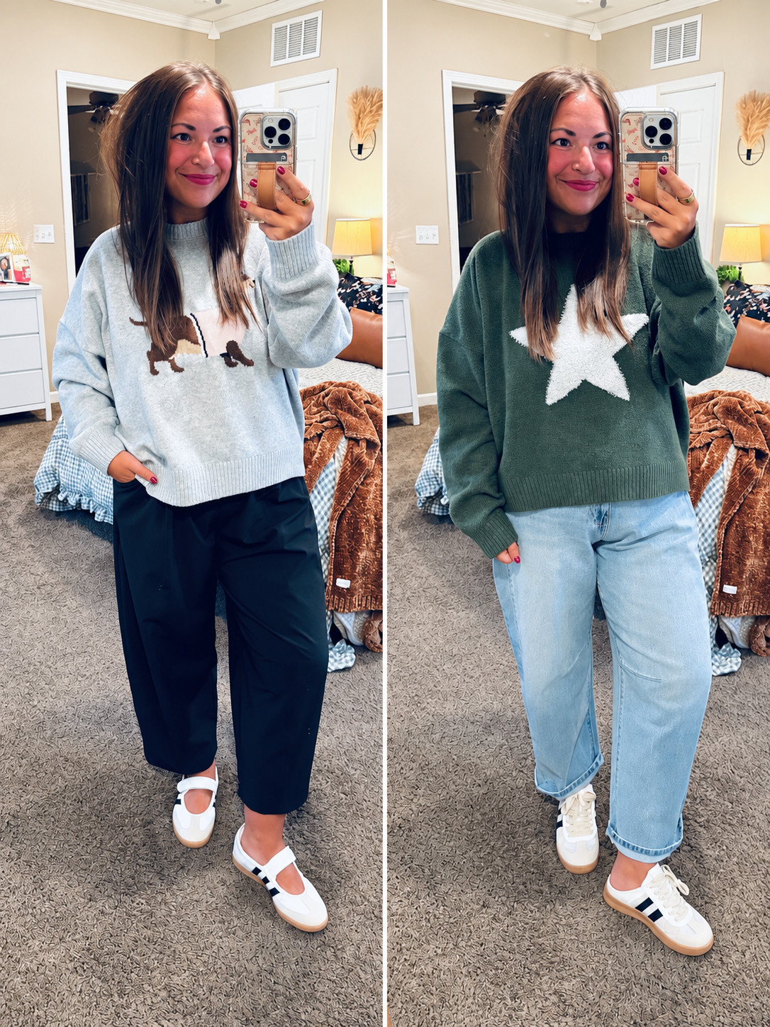 Cozy Walmart sweater finds for just $16.98! 🤍 Styled with comfy pants or jeans for a casual classroom look. Are you team dog sweater or team star sweater? 

 #LTKootd #LTKMidsize #LTKWorkwear