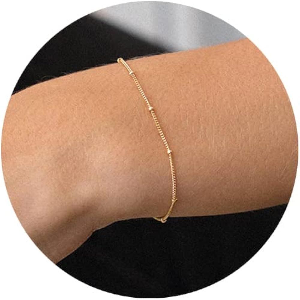 Womens Dainty Gold Chain Bracelet,Simple Layered Chain Bracelets,Linked Charm Heart,Karma,Triangl... | Amazon (US)