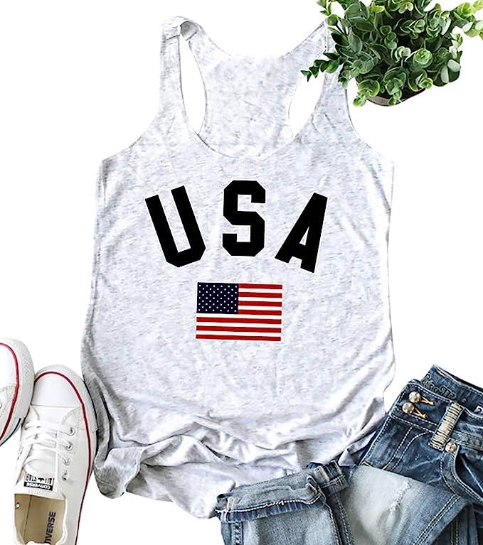 LAMOSKY USA Stars and Stripes Flag Graphic Tank Top for Women Patriotic Sleeveless Racerback Vest... | Amazon (US)