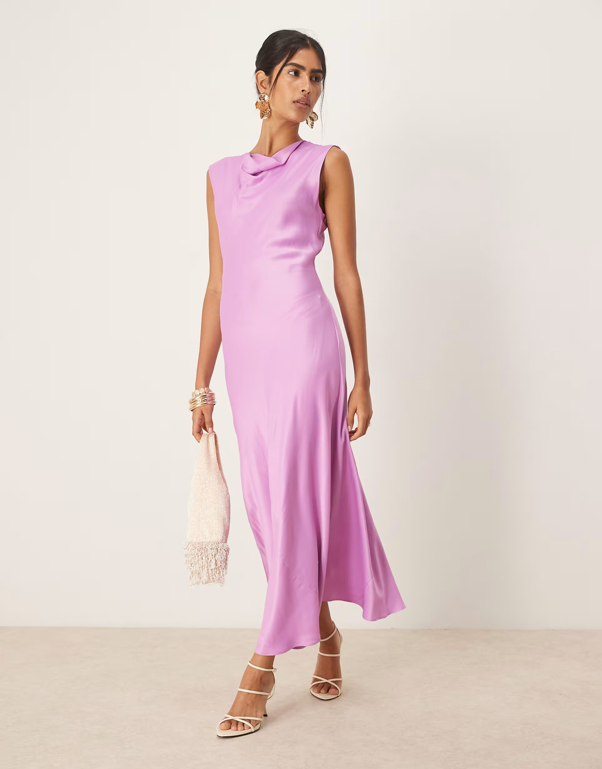 Mango cowl neck cap sleeve dress in pale pink | ASOS (Global)