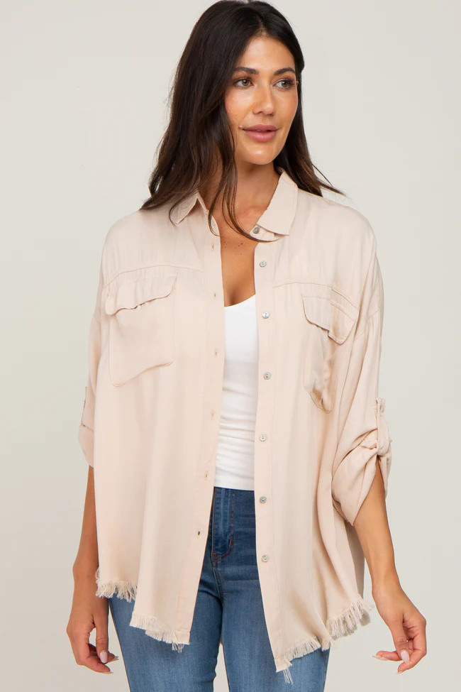 Taupe Button Up Collared Fringe Hem Top | PinkBlush Maternity