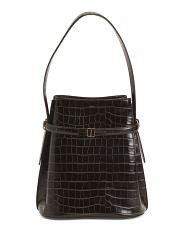 Made In Italy Leather Croc Embossed Belted Bucket Bag | TJ Maxx