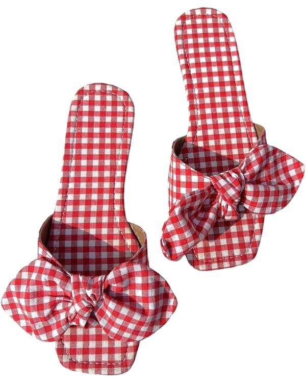GORGLITTER Women's Gingham Bow Flat Sandals Cute Checkered Plaid Square Toe Slip on Slides Summer... | Amazon (US)