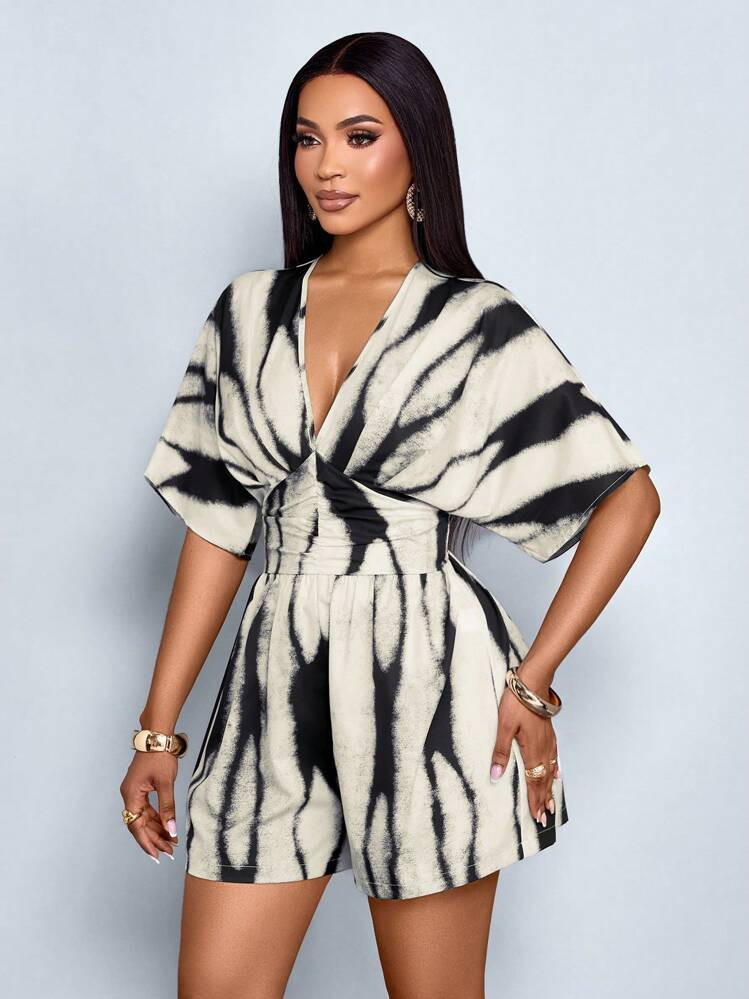 SOLERSUN Women's Floral Print Deep V-Neck Batwing Sleeve Ruched Waist Pleated Jumpsuit | SHEIN