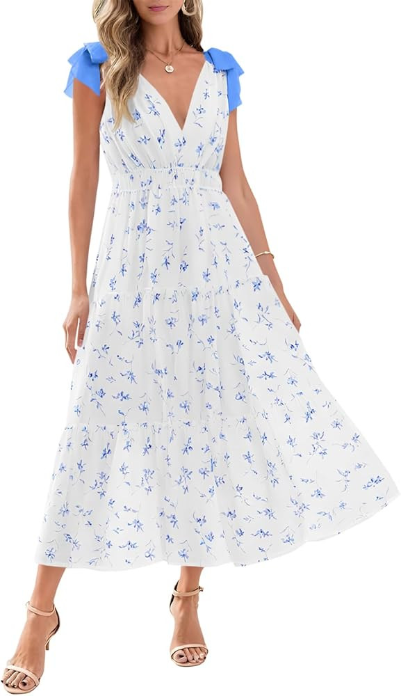 Wenrine Womens Summer Floral Maxi Dress Casual Self Tie Sleeveless V Neck Smocked Boho Tiered Bea... | Amazon (US)