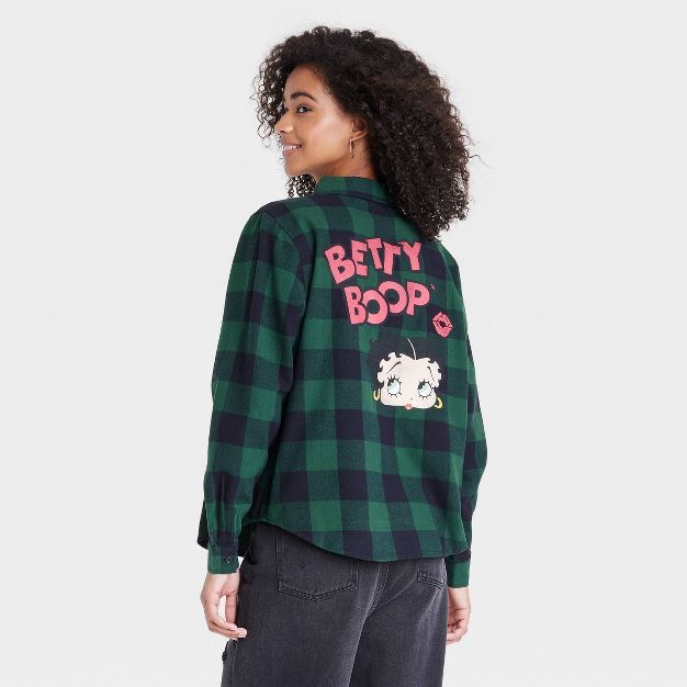 Women's Betty Boop Long Sleeve Checkered Graphic Button-Down Shirt Flannel - Green | Target