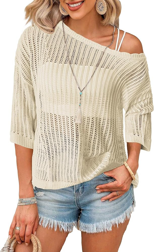 Zeagoo Lightweight Sweaters for Women Crochet Off The Shoulder Boat Neck 3/4 Sleeve Hollow Out Sw... | Amazon (US)