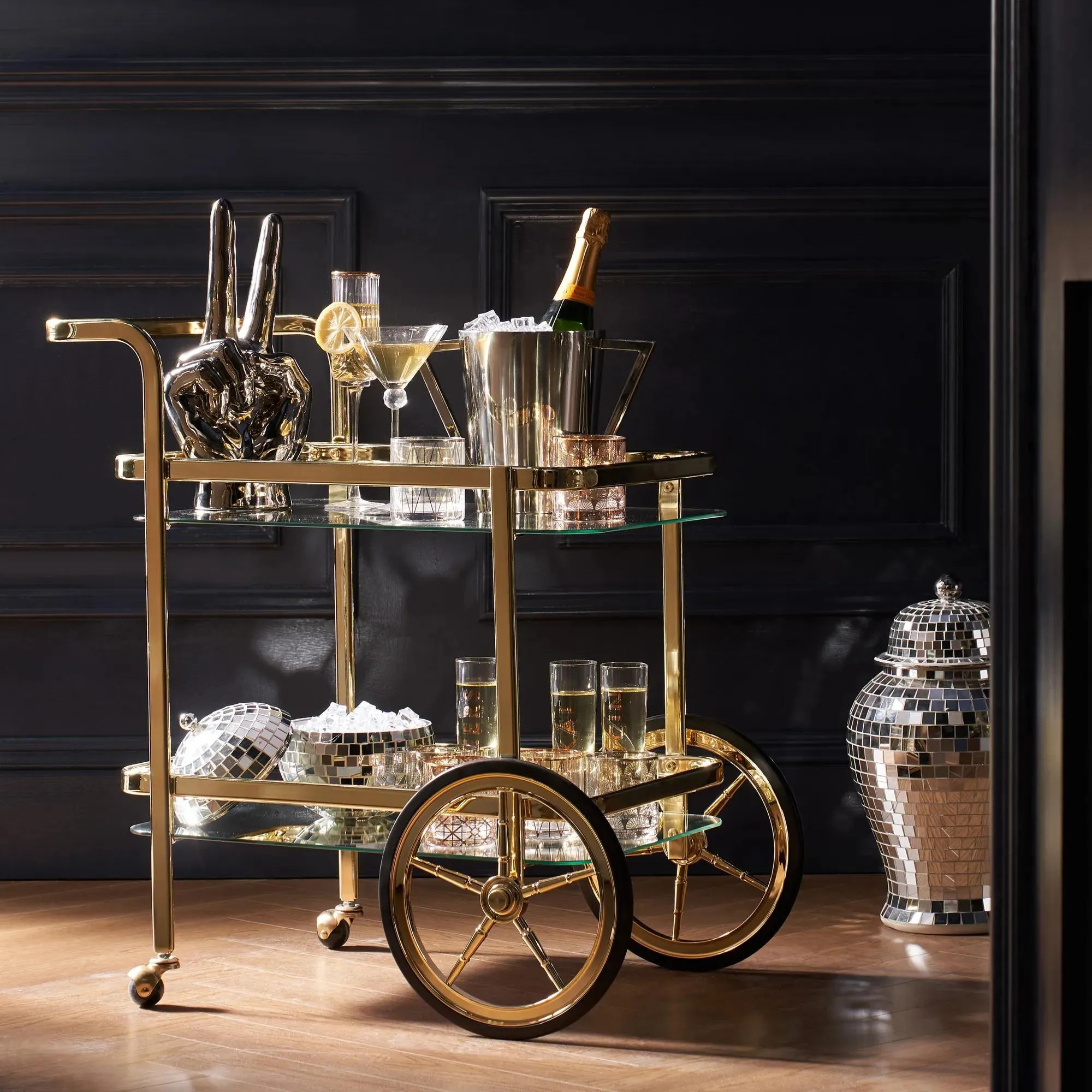 Trolley Bar Cart | Gold | Z Gallerie | 29.5"L x 29.8"H x 16.2"W | Steel Frame with Glass Shelves, Gold Finish | Z Gallerie